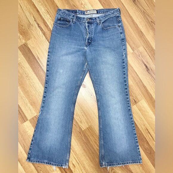 VINTAGE American Eagle Flare Leg Jeans Distressed Low Mid Rise 90s Y2K Size 12 - Picture 1 of 14